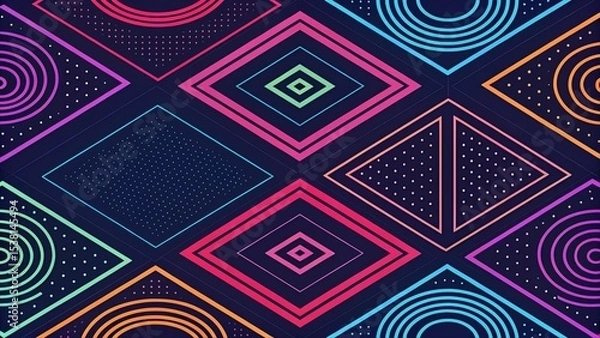 Fototapeta Colorful abstract geometric pattern with concentric circles, triangles, and squares on dark background. Retro pop art style, ideal for posters, backgrounds, and digital design.