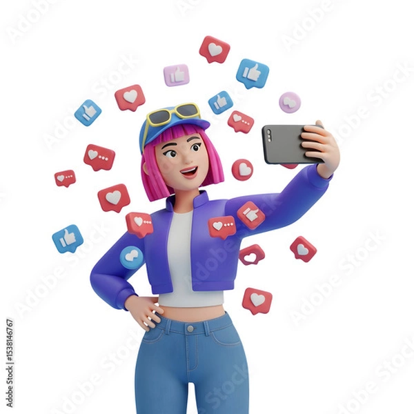 Fototapeta 3D Woman Taking Selfie with Social Media Icons - Influencer, Blogger & Online Popularity Concept, Isolated on Transparent Background PNG