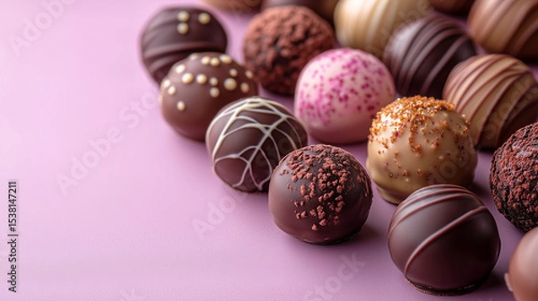 Obraz The image shows a delicious collection of round chocolate truffles on a pink background.