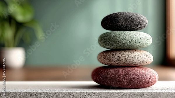 Obraz The image shows a stack of four smooth stones of different colors, neatly placed on top of each other.
