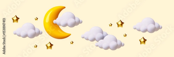 Fototapeta 3D cartoon cute crescent moon with clouds and stars background. Soft night sky. Render style