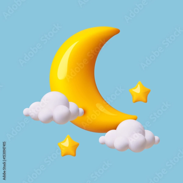 Fototapeta 3D cartoon cute crescent moon with clouds and stars background. Soft night sky. Render style