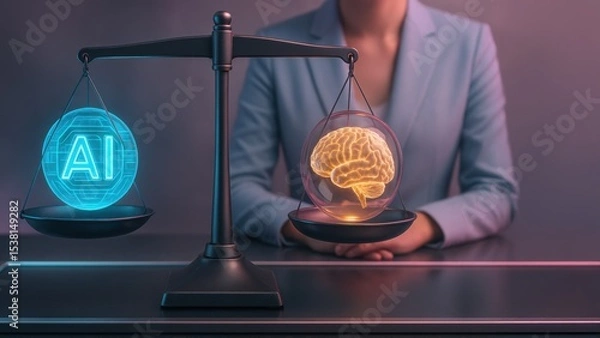 Fototapeta Businesswoman sitting on digital justice scale with brain and ai icons, symbol of legal fairness in tech, concept of ai ethics, governance