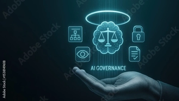 Fototapeta Businessman hand holding glowing icons of ai governance with holographic lights, symbol of tech responsibility, concept of ai ethics, governance, legal future