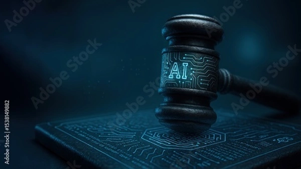 Fototapeta Black gavel on wooden circuit board with ai ethics icons, blending law and technology, concept of ai ethics, governance, legal justice in tech
