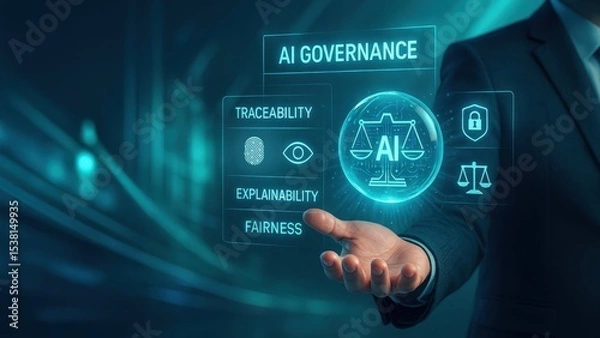 Fototapeta Businessman holding digital ai governance icons, showing leadership and control in tech, concept of ai ethics, governance, legal technology power