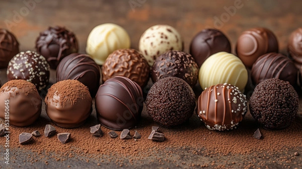 Obraz A colorful collection of round truffles made from dark, milk and white chocolate are assembled against a background of scattered cocoa.