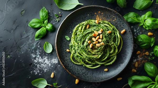 Obraz Pictured is a delicious dish of zucchini noodles with pesto sauce, generously sprinkled with pine nuts.