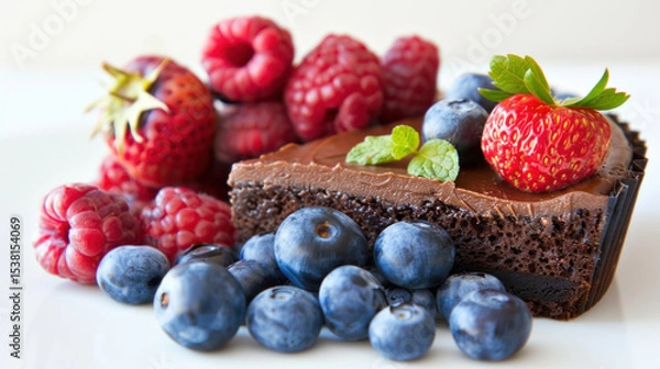 Fototapeta Chocolate cake slice garnished with fresh berries, strawberries, raspberries, blueberries, and mint leaves on a white plate