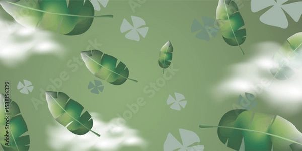 Fototapeta Floating Tropical Leaves and Clouds on Green Background