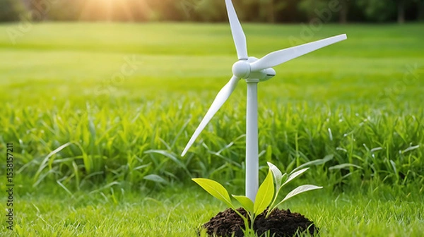 Obraz International Day of Clean Energy – A small wind turbine standing beside a budding green plant on vibrant lush grass, under a clear sunlit sky. This serene and symbolic scene represents renewable 