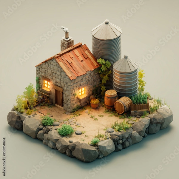 Fototapeta Small Rustic Farm with Silo in Isometric View