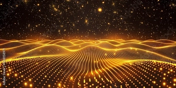 Fototapeta Abstract Yellow Glowing Flying Waves Of Energy Particles Futuristic High Tech Background