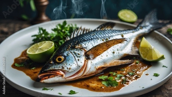 Fototapeta Grilled Dorado fish presented on a white plate alongside lime. Features empty space available for text.