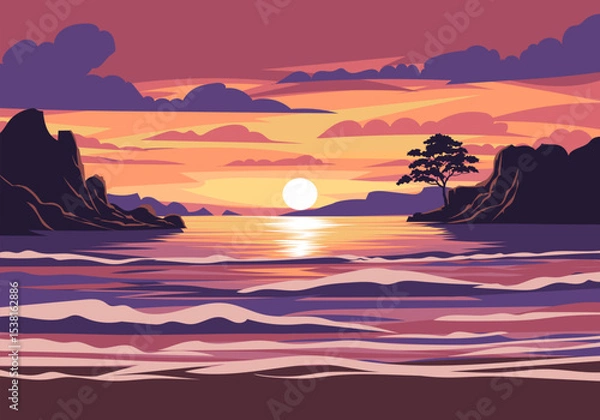 Fototapeta A breathtaking vector illustration of a beach sunset, framed by rugged rocky cliffs on both sides, with golden waves lapping at the shore under a vibrant dusk sky