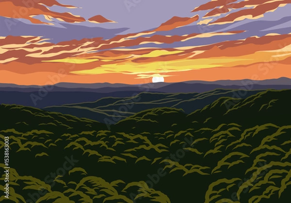 Fototapeta A breathtaking vector illustration of a forest at sunset from an aerial perspective, showcasing vibrant dusk colors 
