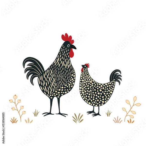 Obraz Pattern with two cute cartoon chickens  on white background