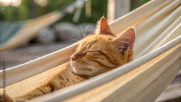 Fototapeta Adorable ginger cat sleeping peacefully in a hammock under sunlight. Relaxed feline enjoying nap time in cozy outdoor setting. Cute pet portrait in warm natural light.