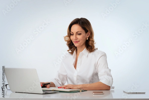 Obraz Attractive business woman sitting at desk and using laptop against isolated background