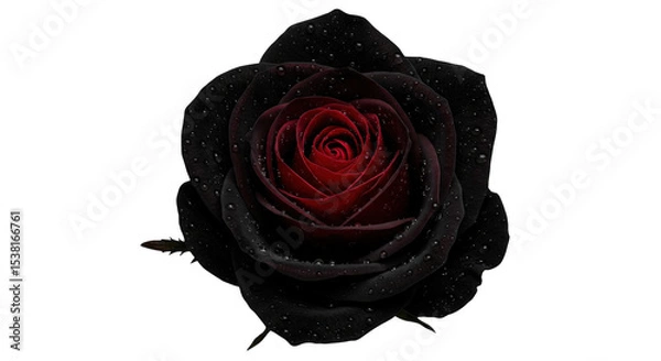 Fototapeta A striking black rose with a deep red center isolated on transparent background showcases its velvety petals adorned with delicate water droplets