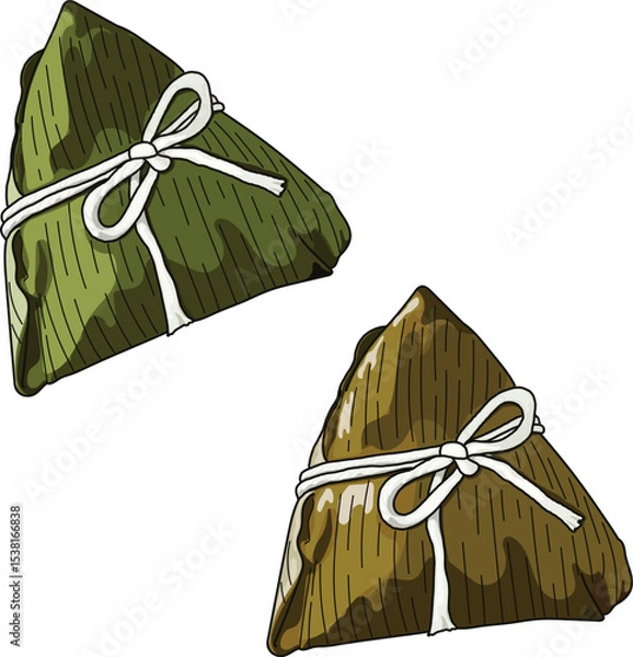 Obraz Isolated Zongzi on white background, a couple of sticky rice dumpling hanging from the top. Close up hand drawing vector illustration. Chinese traditional food Dragon boat festival.