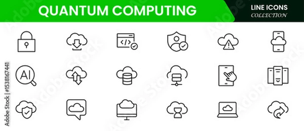 Fototapeta Futuristic vector web line icons depicting quantum computing, qubits, algorithms, processing power, and innovative tech for advanced computational solutions.