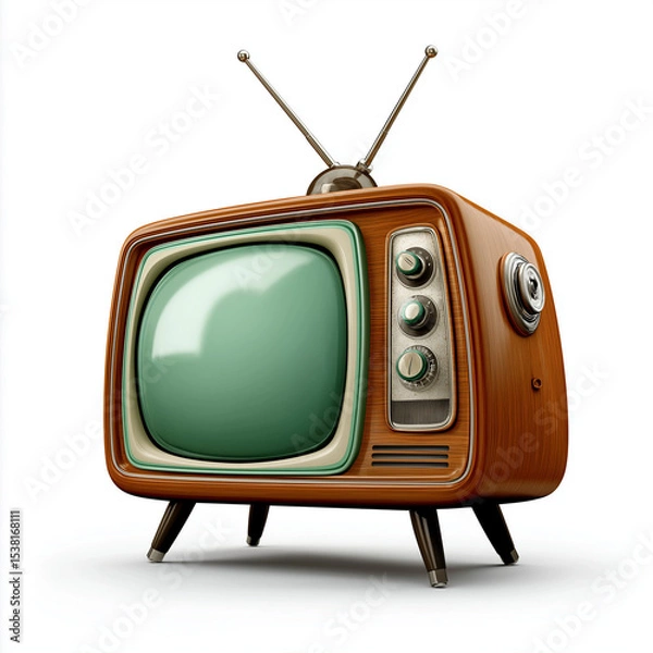 Fototapeta A vintage television set with wooden frame and green screen isolated on white background studio shot