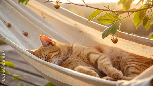 Fototapeta Adorable ginger cat sleeping peacefully in a hammock under sunlight. Relaxed feline enjoying nap time in cozy outdoor setting. Cute pet portrait in warm natural light.