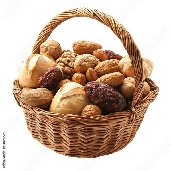 Obraz Basket filled with bread nuts and dried fruits on transparent background