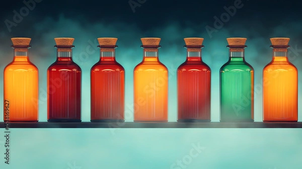 Obraz the image shows a collection of bottles arranged on a dark shelf. the bottles are filled with colored liquids