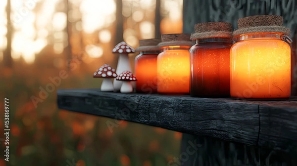 Fototapeta the image presents a collection of glass jars, containing an orange fluid that resembles glowing honey
