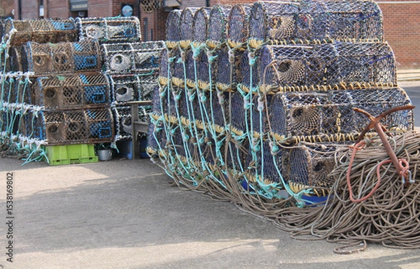 Obraz Stacks of Lobster and Crab Pots at a Fishing Harbour.