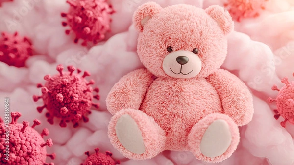 Fototapeta the image presents a pink stuffed animal bear seated amidst a soft, cloud like s