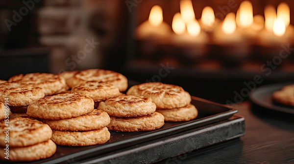 Fototapeta a batch of freshly baked round treats rests on a dark, rectangular platter. the treats, with their golden brown crusts,