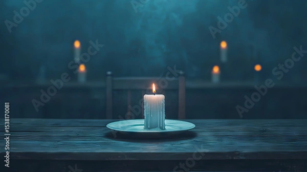 Fototapeta the image depicts a dimly lit, slightly misty scene with a moody atmosphere. at the center of the composition, a partially melted white candle stands on a dish