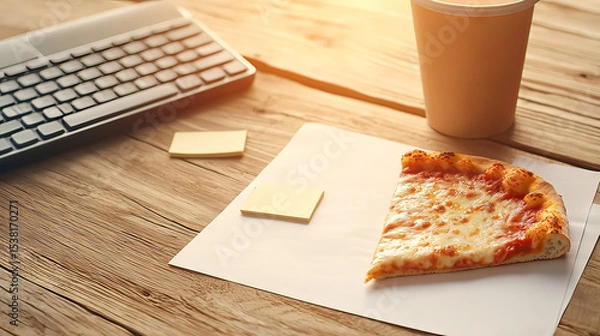 Fototapeta the image shows a slice of classic cheese pizza on a white paper, accompanied by a beverage in a paper cup