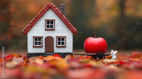 Fototapeta the picture is set in an autumn scene with colorful fallen leaves. a two story structure with a sloping roof is the main subject