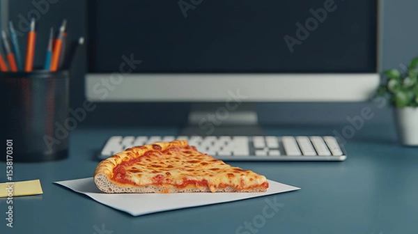 Fototapeta a slice of pizza sits on a piece of white paper on a blue desk, with office supplies in the background.