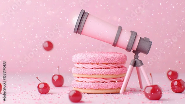 Fototapeta the scene is bathed in a consistent pink hue, featuring a small, toy telescope as the primary subject. the telescope is positioned atop a stack of frosted pastries
