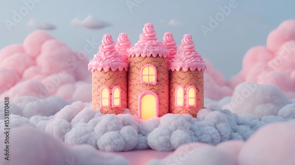 Fototapeta this fanciful scene depicts a small, tan, building resembling a castle, nestled amidst fluffy clouds.