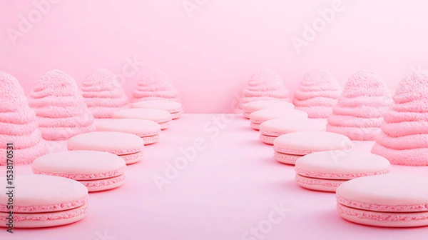 Fototapeta the all pink scene features a symmetrical arrangement of circular confections, displayed in parallel rows, leading towards the center of the image.