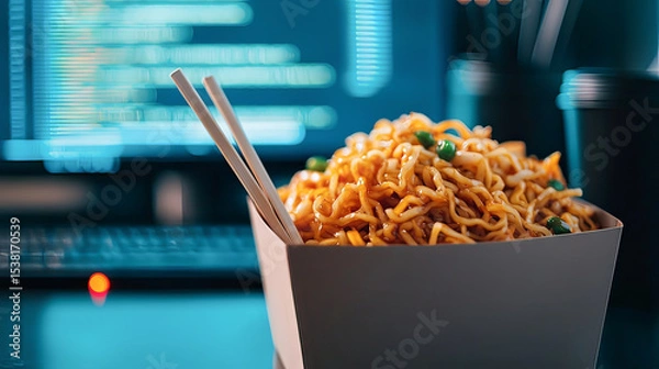 Fototapeta the image shows a cardboard container filled with saucy noodles and peas, standing prominently in the foreground with a pair of wooden sticks placed inside