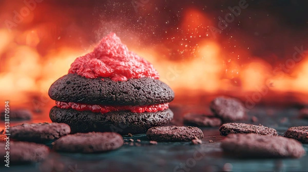 Fototapeta the focal point of the image is a dessert that is composed of two dark baked treats sandwiched together with a red filling,