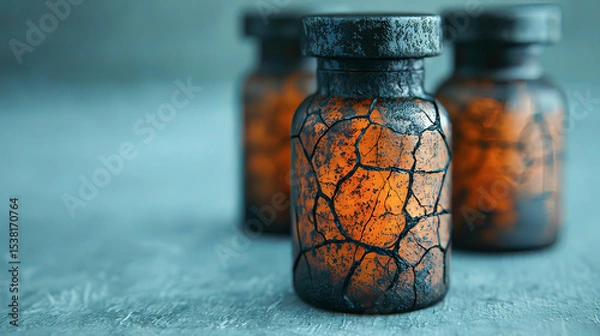 Fototapeta a group of small bottles are situated on a textured surface. the lead bottle features a network of cracks across its amber body,