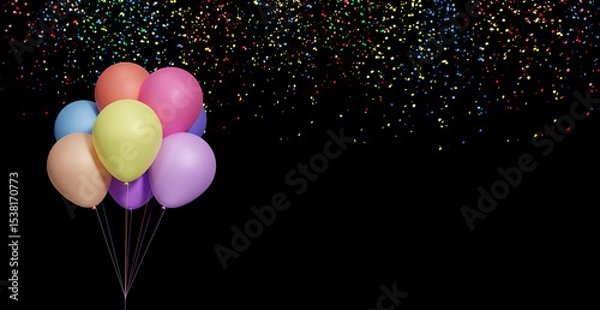 Obraz Bunch of colorful balloons on black background with confetti. Empty space for text. 3d rendering