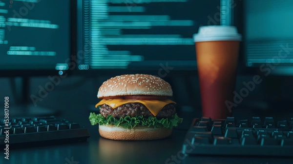 Fototapeta the scene shows a desk arrangement, prominently featuring a hamburger with a sesame seed bun,
