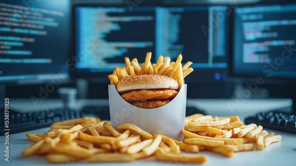 Fototapeta in an indoor setting, a box filled with crispy fries and a sandwich sits prominently in the foreground
