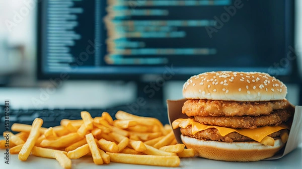 Fototapeta the scene depicts a large pile of golden fries and a double patty sandwich with melted cheese,
