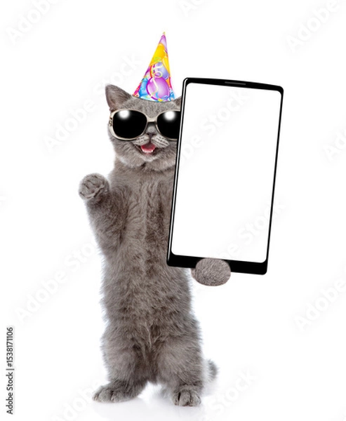 Obraz Laughing cat with open mouth wearing sunglasses and party cap standing on hind legs and showing big smartphone with blank screen. Empty space for text. isolated on white background