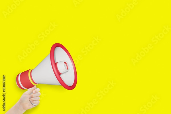 Obraz Womans hand holding  megaphone on yellow background. Empty space for text